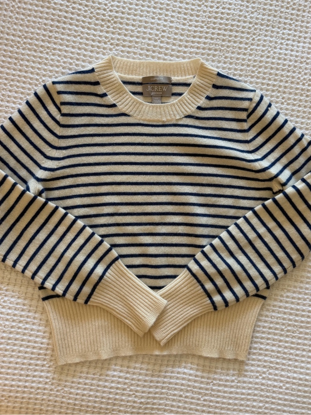 J.Crew 100% Cashmere Cream and Navy Striped Crewneck
